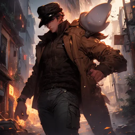 solo mysterious detective wearing a jacket and cargo pants and old fashion cap like hat