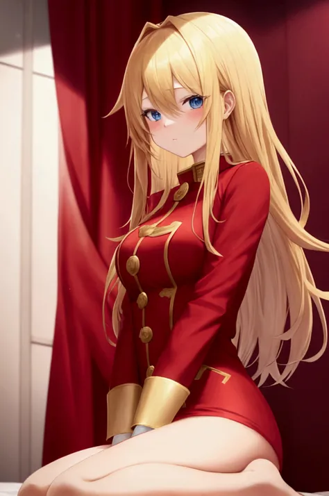 An anime-style blonde girl in a red coat 