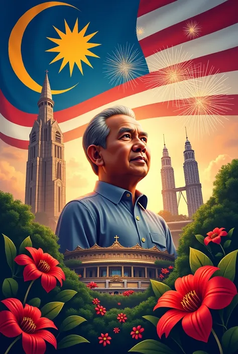 malaysia independence day poster , with tunku abdul rahman putra al haj , tugu negara , bangunan berkembar KLCC , bendera Malaysia , bunga raya , bunga rafflesia , bunga api , stadium merdeka , please make it look like poster , with this written on it “Mal...