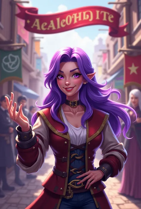 a purple haired woman leads a guild, she was happy smiling looking at the camera with a title welcome to plunderes