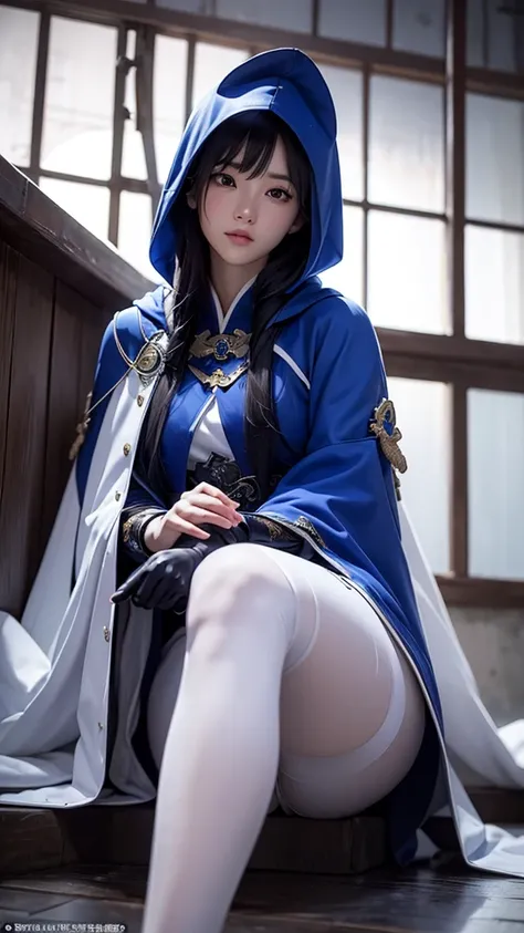 climbing a temple wall South korea women mystery hooded on with modern royal Blue coat with long and wide sleeves with buttons and royal Blue cape and very high white heel over the knee and white gloves, As she reveals a small secret hidden blade coming fr...