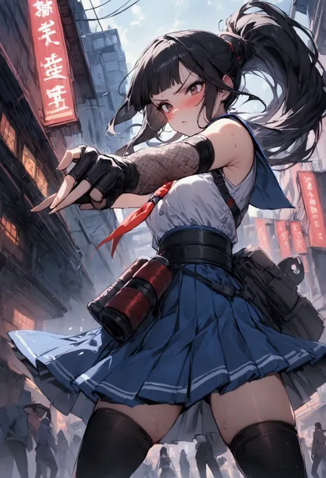 1girl solo, {{action}},Detective Sailor Suit,A little cyberpunk style,sailor-fighter, Dynamic composition,{{fight}},{{masterpiece}}, {{{Highest quality}}},{{Very detailed}},Very long clothes,Tucked Out Sailor Uniform,Sleeveless sailor suit with long length...