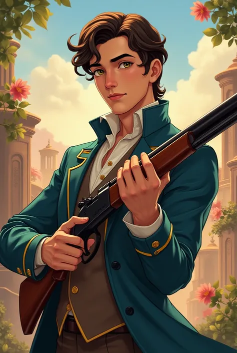 A cute Taek Joo man from Damn Anastasia with a gun in anime style 


