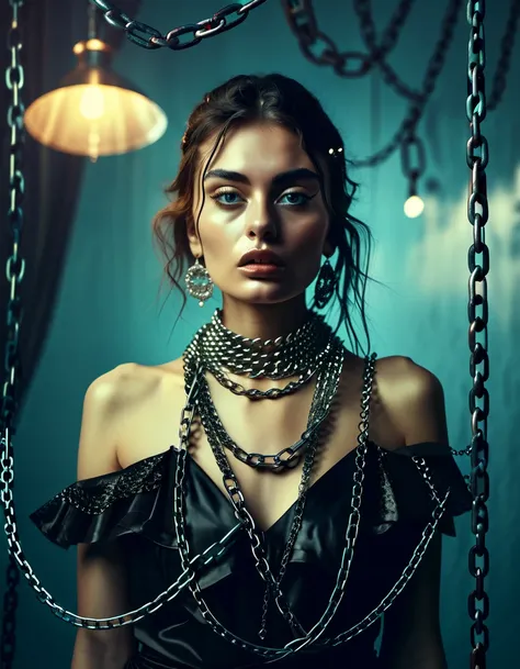 Surreal Cinematic Picture about a woman in chain, woman that exploited by fashion trends