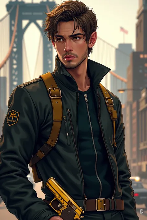 A 20-year-old young man with brown hair, thin beard and a serious expression, illustrated in a detailed style. He is wearing a black leather jacket with yellow-brown accessories, such as buckles and patches. A pair of golden pistols is holstered at his wai...