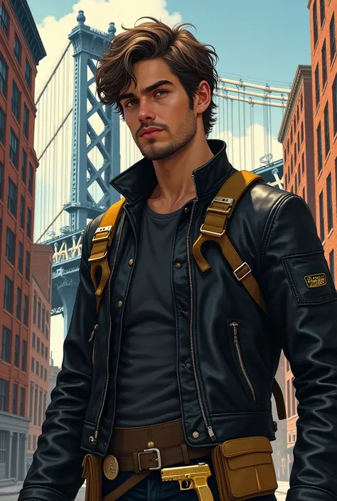 A 20-year-old young man with brown hair, thin beard and a serious expression, illustrated in a detailed style. He is wearing a black leather jacket with yellow-brown accessories, such as buckles and patches. A pair of golden pistols is holstered at his wai...