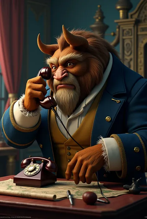 Have the beast from Beauty and the Beast talking on the phone looking like he&#39;s planning something Disney-like