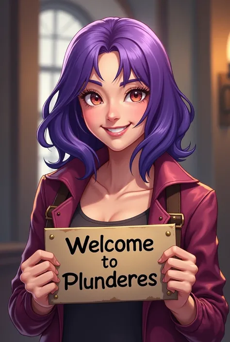 an image 3/4 purple haired woman lead a guild, she was happy smiling looking at the camera holding the word Welcome to Plunderes