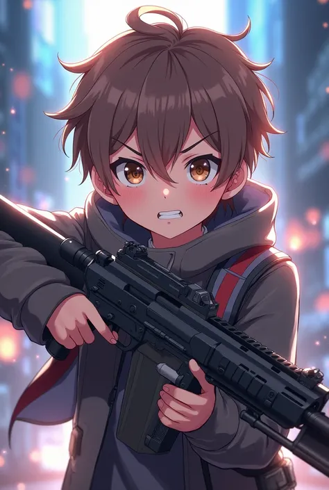 A cute boy from Condename Anastasia with a gun in anime style 


