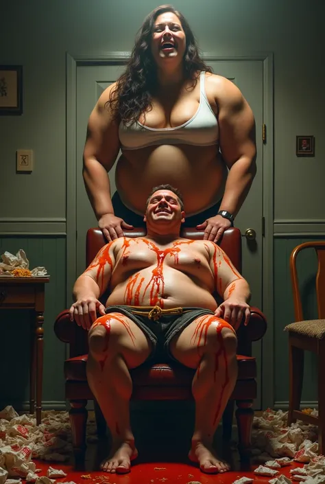 A powerful, muscular female feeder with chiseled abs, towering over her massive, 200 kg boyfriend, who is tied to a chair and covered in sauce. Her face radiates joy as she laughs maniacally, while his handsome features show deep suffering. The room is lit...