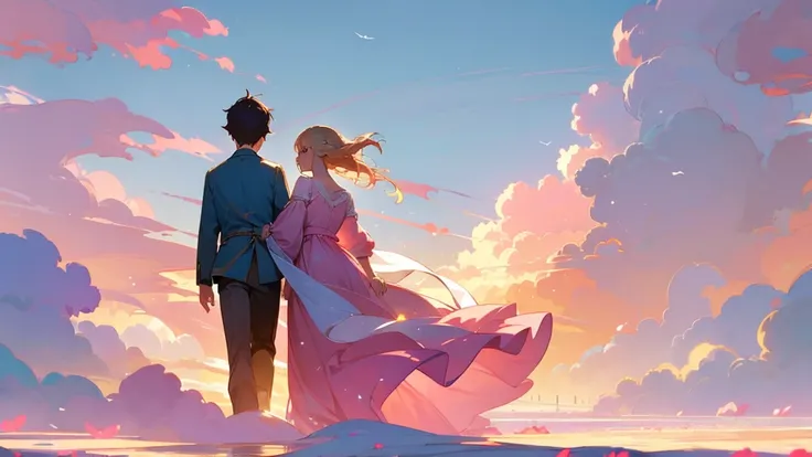 A 16-year-old boy walking towards the girl dressed in a flowing pink dress in a dreamy, heavenly scene. The surroundings are filled with soft clouds, vibrant flowers, and a warm, golden light. As the boy gets closer, the atmosphere becomes even more ethere...