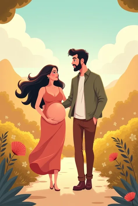 A pregnant woman and her husband walking together in a cartoon 