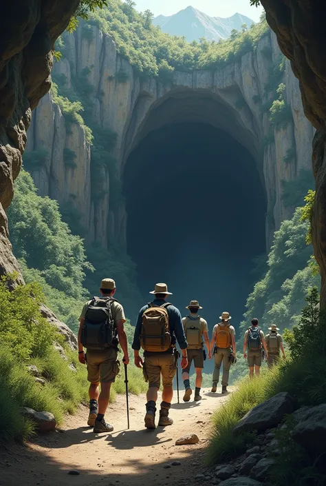 5 men and 1 woman discovering a cave, about to enter 