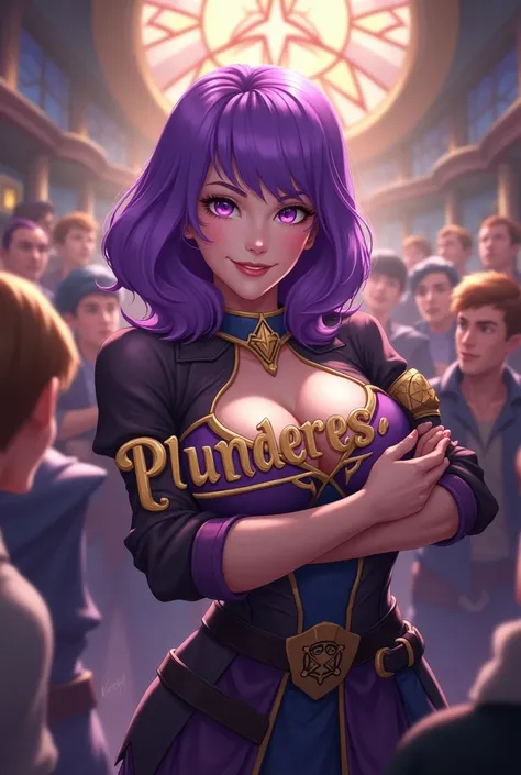 a purple haired woman leads a guild, she was happy smiling looking at the camera holding the word plunderes is the power