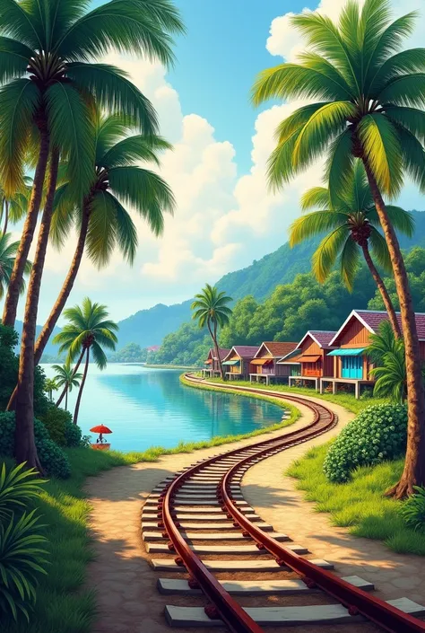 Painting of a train tracks lined with coconut trees,  fisherman&#39;s houses and lake