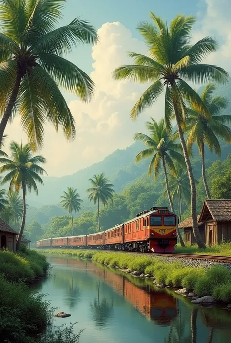 Painting of a train , trails lined with coconut trees,  rustic fisherman&#39;s houses and lake