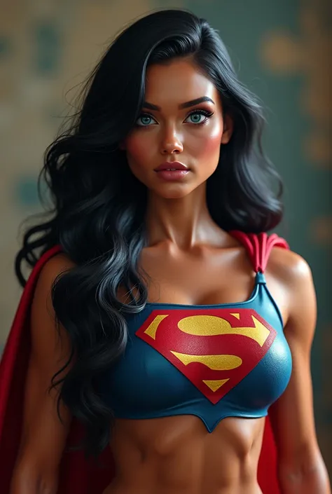 A MUSCULAR FEMALE, WITH LONG BLACK HAIR, BLUE EYES, WITH HUGE BULGING SWOLLEN MUSCLES, WEARING A CLASSIC SUPERMAN COSTUME AND RED CAPE. ABSURD 8K RESOLUTION, INCREDIBLY DETAILED SKIN AND EYES.