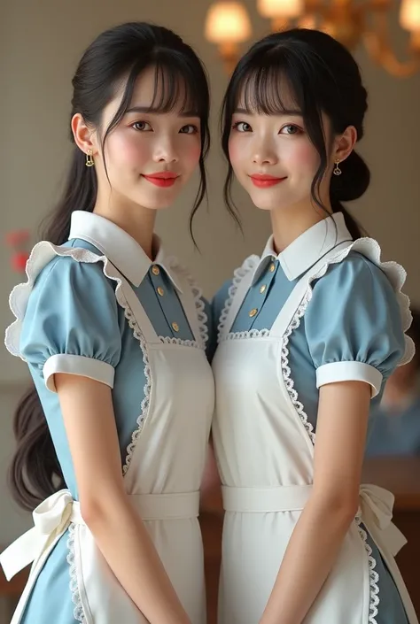 Two sexy girls dressed as reserved maids, with nice service women&#39;s clothing, two girls smiling