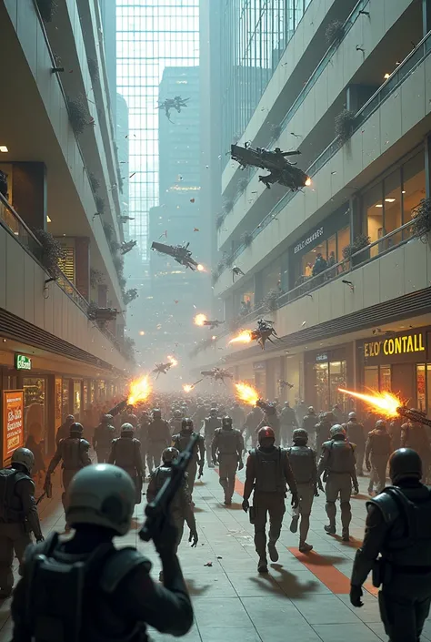 War battle between 10 futuristic soldiers with weapons and 10 white soldiers in a shopping center in New York.