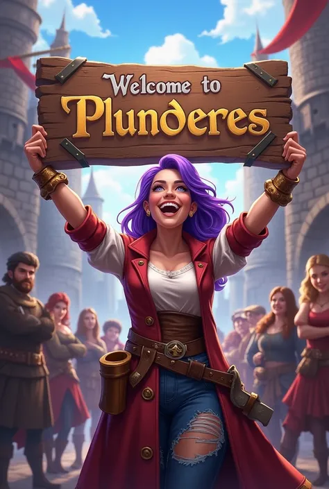 a purple haired woman leads a guild, she was happy smiling looking at the camera holding the word Welcome to Plunderes 