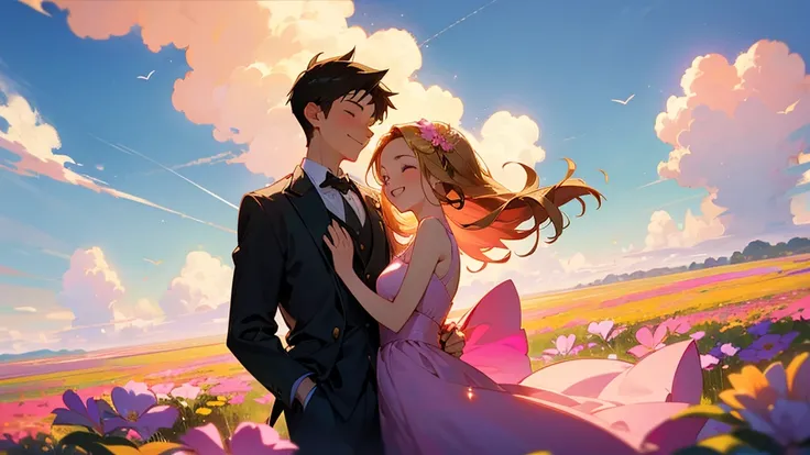 A joyful portrait of a young couple, the 16-year-old boy and the girl dressed in a flowing pink dress, standing together in a heavenly, dream-like setting. Both are smiling, radiating happiness and contentment. The background is filled with soft clouds, vi...