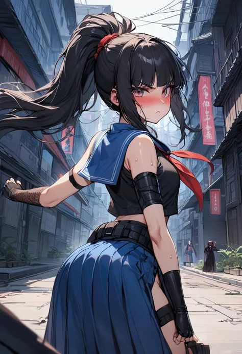 1girl solo, {{action}},Detective Sailor Suit,A little cyberpunk style,sailor-fighter, Dynamic composition,{{fight}},{{masterpiece}}, {{{Highest quality}}},{{Very detailed}},Very long clothes,Tucked Out Sailor Uniform,Sleeveless sailor suit with long length...