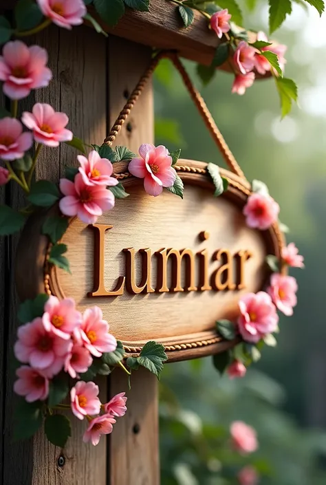 I want you to create a sign with the name LUMIAR as if it were made of wood with delicate pink flowers on the sides