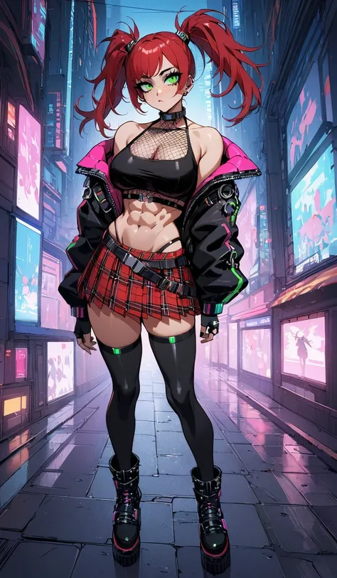 woman, stoic, curly red hair in pig tails, green eyes, black eyeshadow, wearing crop top black shirt, long black jacket, red plaid skirt, black knee high boots, black fingerless gloves, exposed shoulders, large breasts, freckles, abs, cleavage, looking up ...