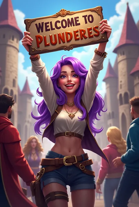 a purple haired woman leads a guild, she was happy smiling looking at the camera holding the word Welcome to Plunderes 