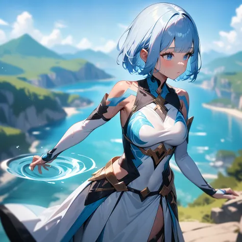 1girls,solo,super detailed skin,shiny skin,wet oily skin,natural face ,eyelashes,pastel blue hair,short hair, bob hair,blunt bangs,medium breasts,beautiful shaped breasts,unique and complex clothes,looking afar,arm forward,water magic,landscape,wide shot,m...