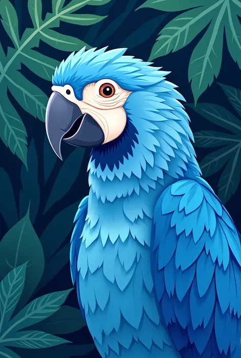 Create a portrait of a parrots head, facing forward but slightly turned, designed specifically to be made into a mosaic. The parrot should be composed entirely of simple, flat color areas in different shades of blue, suitable for mosaic tiling. The backgro...