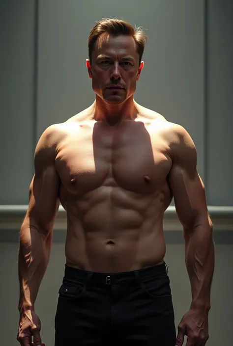 make Elon Musk shirtless and with a well-defined body physique showing his biceps
