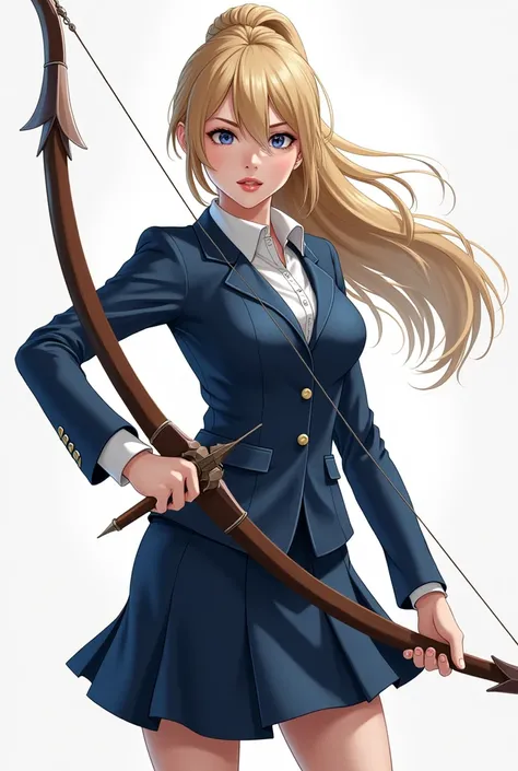 A girl who is brave, who is white, who has my blonde hair and a ponytail, who wears a skirt suit with a blue shirt, and who has a bow and arrow.