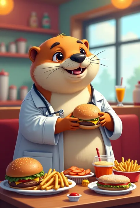 A slightly fat animated otter dressed as a doctor eating junk food for use as an image in a fast food restaurant 