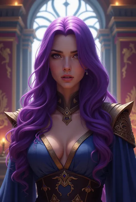 a purple haired woman leads a guild, she was in doubt looking at the camera 