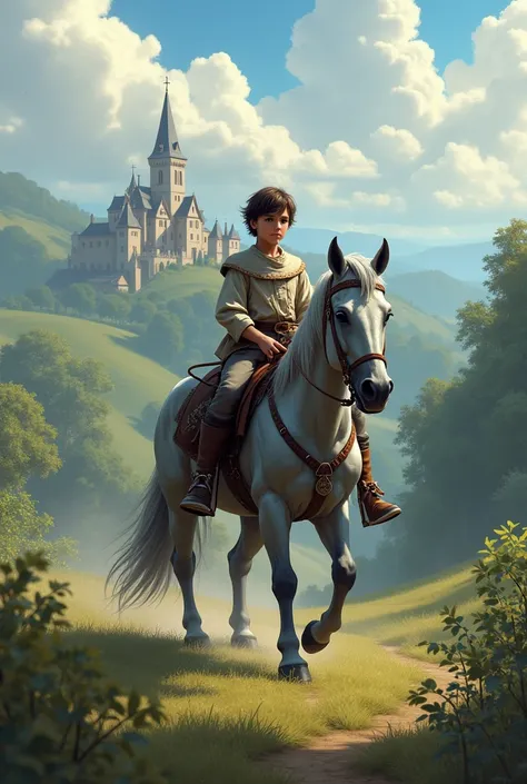 1 boy, on grey horse, in a medieval landscape
