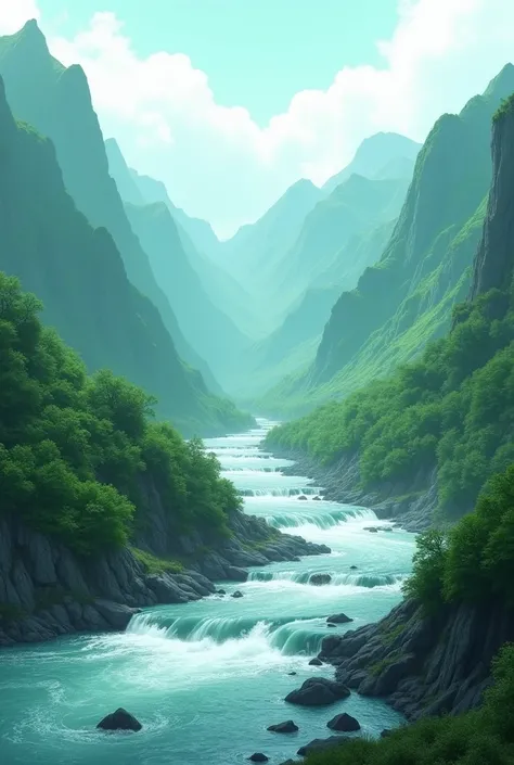 Green big mountains and downstears cold river going