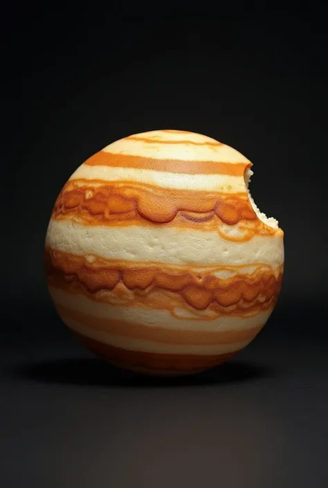 Bitten cookie in the shape of Jupiter on a minimalist black background