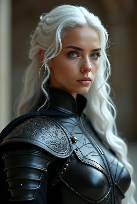 Half body of a beautiful young woman with long wavy white hair, with decorations, black armor. The armor is intricately designed with detailed patterns, covering the shoulders and chest. She has a calm, confident expression on his face, with a soft gaze th...