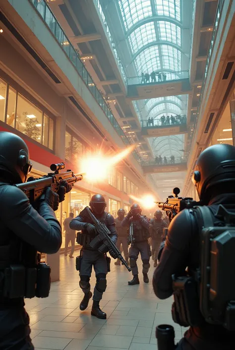 War battle between 10 futuristic soldiers with weapons and 10 old soldiers in a shopping center in New York.