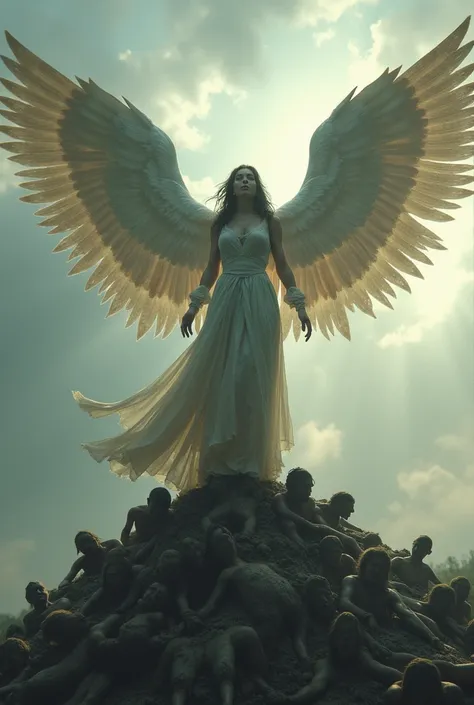 A woman with six majestic wings, her tattered dress billowing in the wind as she stands atop a mountain of bodies, her angelic face a stark contrast to the carnage below.