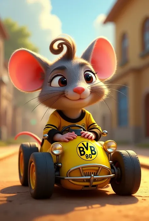 disney pixar title cover "ratalito" appearance of a mouse with a lock of curly hair and dressed in a Borussia Dortmund sports car and a meatball with eyes on the back