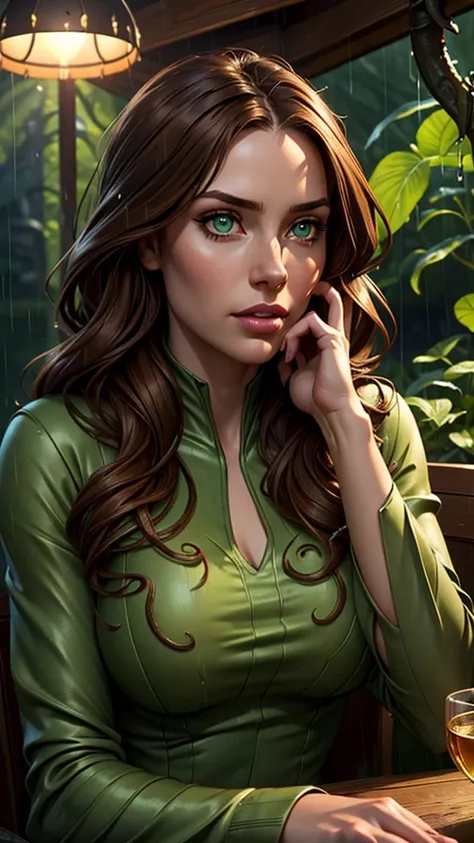 a girl with long brown hair, beautiful detailed eyes, beautiful detailed lips, extremely detailed face, lush green garden, alien with large eyes and tentacles, sitting at a table, drinking tea, cold rainy afternoon, moody lighting, cinematic composition, h...