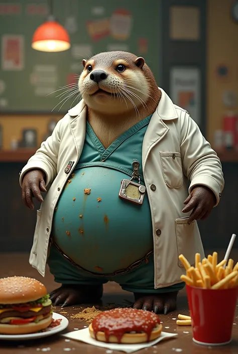 Morbidly obese otter dressed as a dirty nutritionist doctor with oil eating junk food for image use in a fast food restaurant 