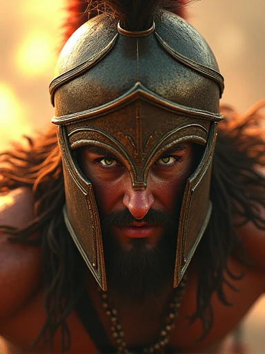  (battle and Spartans:1.2) (Messy brown hair:1.1) (Heterochromia xanthochromia and green eyes:1.2) (Spartans Helmet:1.0) (Colored blood in the eyes:1.0) (A radiant glow:1.1) (thick lips:0.9)