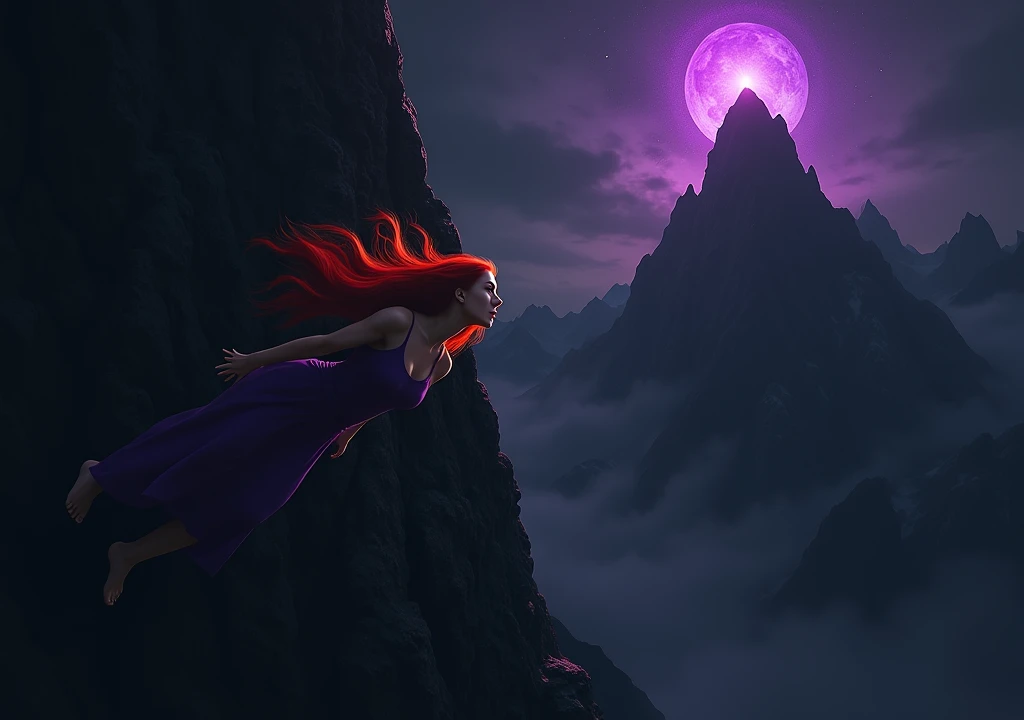 red-haired woman,  and falling to the top of a mountain in the darkness everything black,heading towards the purple portal