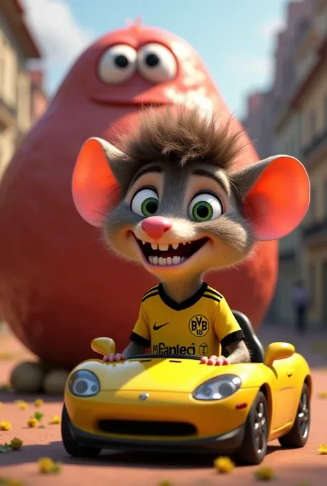 disney pixar title cover "ratalito" He looks like a mouse with a hanging nose and gigantic broken teeth, with curly hair and dressed in a Borussia Dortmund sports car and a meatball with eyes behind him.