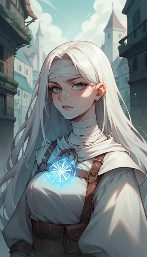 Create a girl with long white hair, with white medieval clothing and a bandage on the forehead, His body is surrounded by cyan blue electrical energy ANIME VERSION in an underground city. 