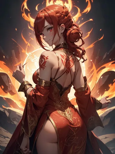 (((best quality, sharp image, clear image, cinematic lighting, 8k resolution, masterpiece, ultra detailed, intricate))) Girl, ((shot from behind)), ((close up)), look at viewer, fire mage, ((intricate background)), ((chaotic background)), red hair, smiling...