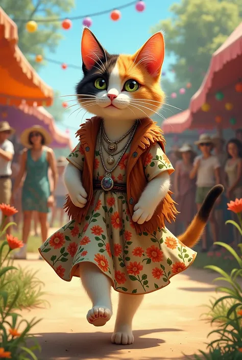 Bohemian Festival: A calico cat in a loose, flowing bohemian dress with floral patterns, layered necklaces, and a fringed vest. The cat’s walk is carefree and fluid, perfectly capturing the festival spirit.